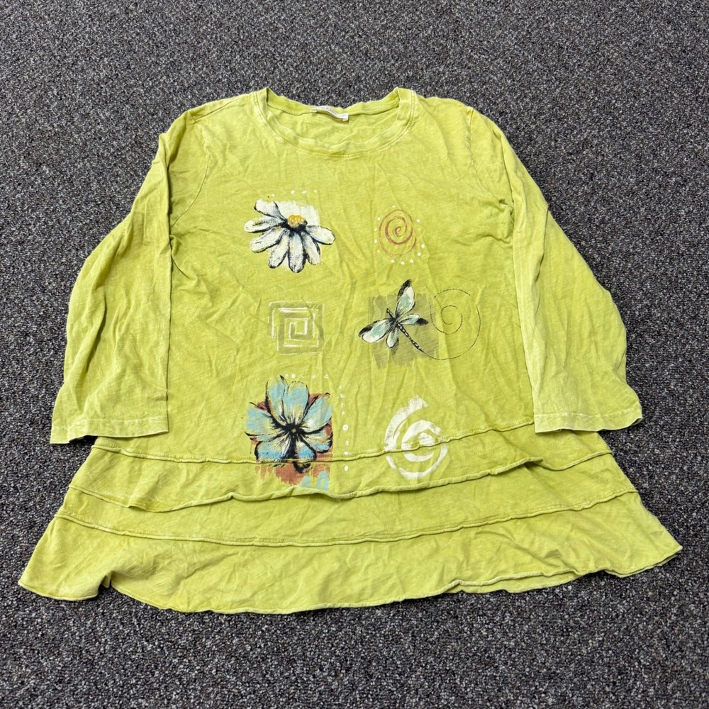 Jess & Jane Tunic Women M Lime Green Floral Dragonfly Tiered Boho Artsy Top